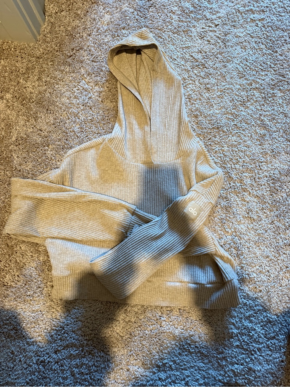 ALO Yoga Neutral Beige Ribbed Hooded Pullover